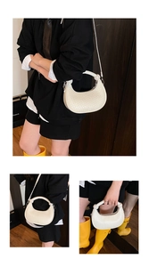 Detailed views of a beige woven crescent handbag showing handheld and crossbody styles
