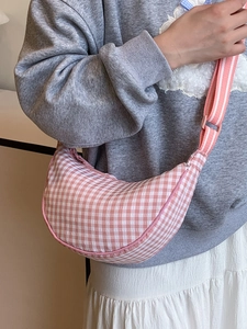 Borsa a tracolla a quadretti rosa da donna con design a mezza luna in stile coreano moderno