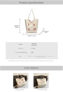 Detailed size chart and dimensions for the large capacity striped tote bag with YOLO print