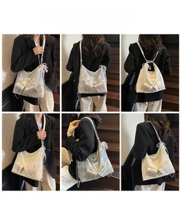 Versatile tote bag shown in silver and beige via multiple perspectives on a model