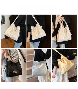 Detailed views of high-capacity faux leather tote bags with elegant side bow decoration