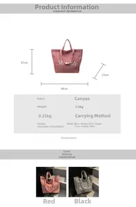Size chart and details of striped canvas tote bag showing dimensions and two colors
