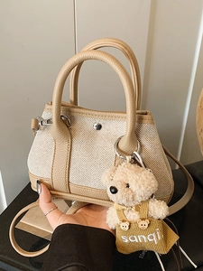 Women Casual Canvas PU Patchwork Bucket Bag Fashion Colorblock Handbag With Plush Bear Charm Versatile Crossbody Shoulder Bag
