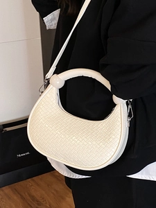 White woven texture half-moon handbag with thick top handle and slim crossbody strap