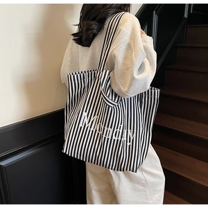 Casual large capacity canvas tote bag with black and white stripes and Monday text