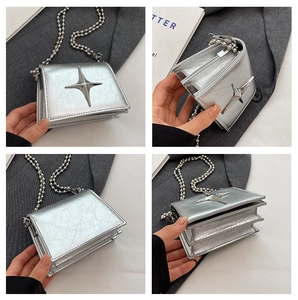 Silver mirror mini crossbody bag with star logo and accordion folds shown from multiple angles