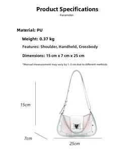 Detail of silver-pink PU leather bag with stone texture, heart buckle and dimensions