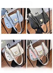 Collage of four stylish stone pattern underarm bags with heart buckles and metal chains