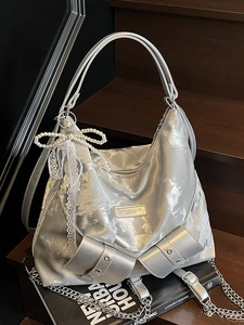 Fashion Women Large Capacity PU Leather Shoulder Bag With Artificial Pearl Lace Bow Charm Vintage Silver Tote Bag For Daily Commuting