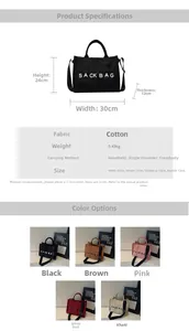 Detailed dimensions for canvas handbag featuring 30x24x12cm size and multi-color options