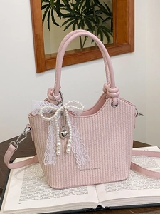Sac Seau pour Femmes en Cuir PU à Texture Tissée Style Coréen Nœud en Dentelle Pendentif Künstliche Perle Petit Sac à Main Bandoulière