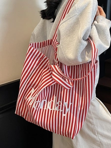 Large red and white vertical striped canvas tote bag with Monday print for women