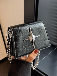 Minimalist black PU leather mini crossbody bag with silver star and bead chain