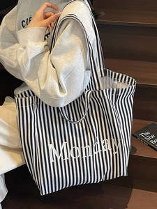 Black and white striped large canvas tote bag with Monday print for casual daily commuting