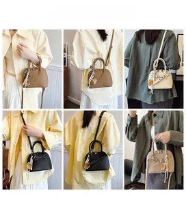 Lifestyle shots of stylish shell-shaped crossbody bag with decorative scarf and charm
