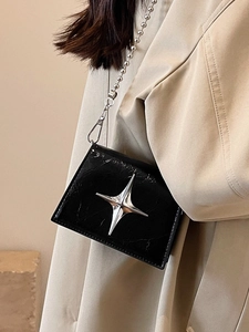 Chic black wrinkled patent leather mini crossbody bag with silver star and bead chain