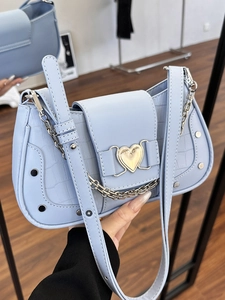 Light blue faux crocodile texture shoulder bag with golden heart buckle and metal chain