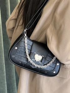 Fashionable black faux crocodile underarm bag with silver heart buckle and metal chain strap