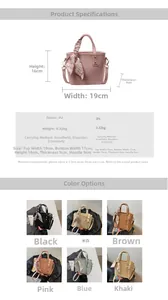 Detailed size chart and multi-color view of lychee pattern PU leather bucket bag