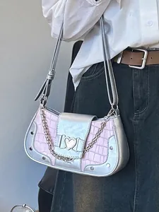 Chic silver and lilac crocodile pattern underarm bag with a heart buckle and metal chain
