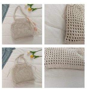 Detail of hand-woven mesh beach bag with floral lace ribbon and inner drawstring liner
