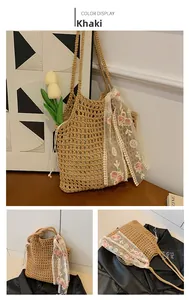 Detail of khaki woven beach bag featuring delicate white lace floral embroidery scarf