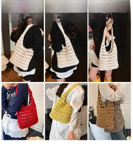 Detailed views of handmade woven tote bag in white, red, yellow and brown colors
