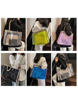 Detail view of multi-color transparent PVC tote bags with rope handles and inner pouches