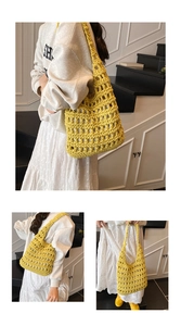 Close-up of bright yellow hollow knit tote bag featuring a diamond mesh pattern detail