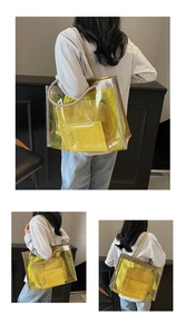 Detailed macro view of yellow transparent PVC tote bag with thick rope handles and inner pouch