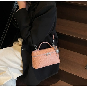 Pink ostrich pattern box bag with silver hardware and padlock on wooden steps