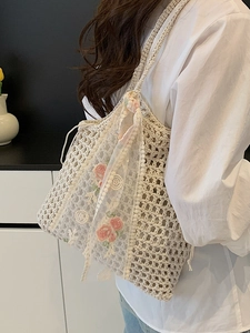 Boho chic cream woven tote bag with pink rose embroidery and delicate lace details