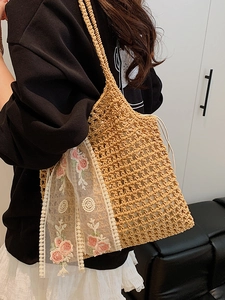 Bohemian crochet straw tote bag with floral lace scarf for summer beach vacation