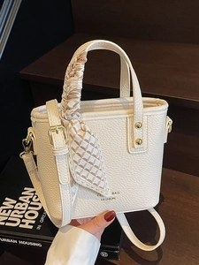 Women's Fashion PU Leather Bucket Bag Lychee Pattern Small Handbag With Decorative Scarf Commuter Crossbody Bag For Daily Use
