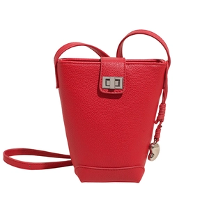 Sac seau rouge en cuir PU motif litchi avec breloque cœur argentée et boucle rotative