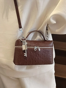 Brown ostrich embossed mini square handbag with silver padlock and top handle strap