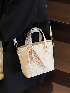 White litchi pattern PU leather bucket bag with silk scarf and gold crossbody strap