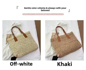 Detailed close-up showing woven hollow texture of cream and khaki straw tote bags with leather handles