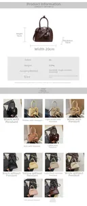 Detailed size specifications and material chart for the woven texture PU leather handbag