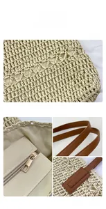 Detail view of woven straw tote bag featuring brown leather handles and inner zipper pocket