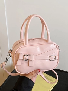 Niche Design Women Crossbody Bag Sweet Bowknot PU Leather Handbag Small Boston Bowling Bag Fashion Shoulder Purse