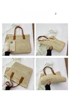 Detailed views of a beige straw tote bag with brown straps and diamond weave patterns