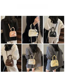 Collage of woven shell bags in six colors shown with various carrying styles