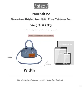 Detailed size comparison of the mini denim PU handbag with dimensions and capacity guide