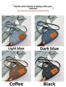 Collage of denim Boston bags in light blue, dark blue, coffee, and black options