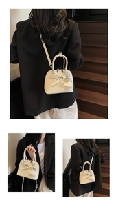 Detailed views of the white woven shell bag showing the side, back and handle design