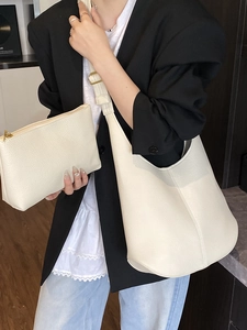 Chic cream litchi texture leather crescent tote bag and matching clutch set for women