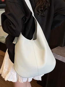 Minimalist white lychee texture hobo bag with wide shoulder strap for women