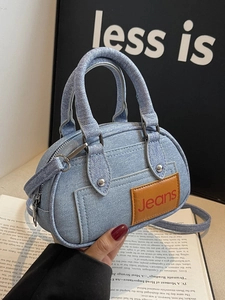 Vintage PU Leather Denim Style Mini Boston Bag For Women Patchwork Letter Handbag Casual Crossbody Shoulder Bag Bowling Bag