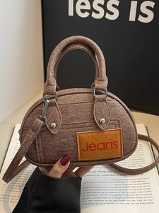 Brown faux leather mini bowling bag with Jeans patch and adjustable shoulder strap